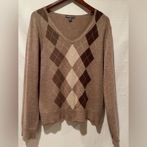 Apt.9 Women’s 100% Cashmere Argyle V-Neck Sweater - Brown - Size XL